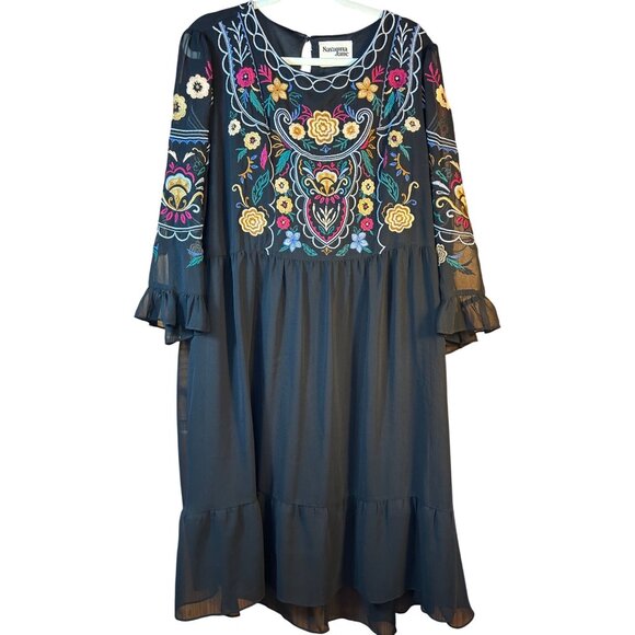 Savanna Jane Black Embroidered Floral Boho Dress 3/4 Sleeve & Ruffle Hem Size 1X - Picture 2 of 9